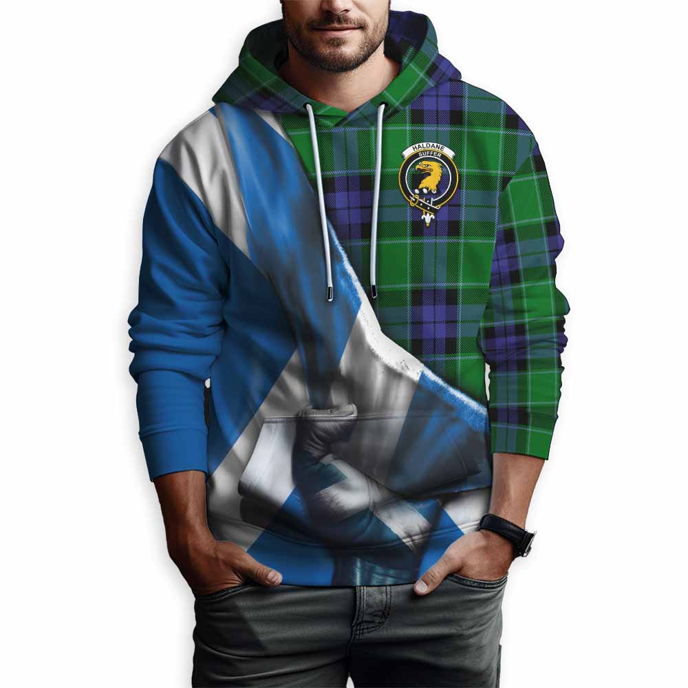 Tartan Vibes Clothing Haldane Tartan Hoodie with Family Crest Scotland Patriotic Style