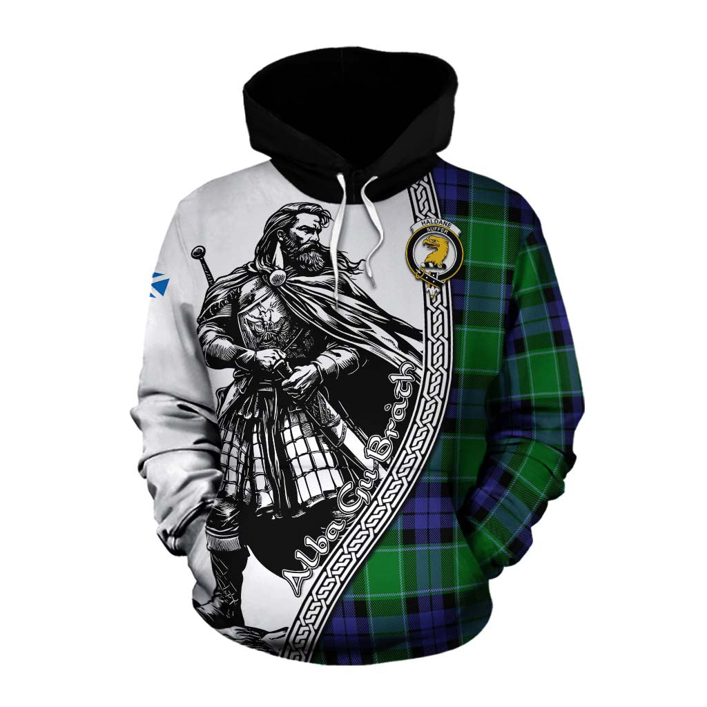 Tartan Vibes Clothing Haldane Tartan Clan Crest Cotton Hoodie with Highlander Warrior Celtic Style