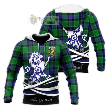 Haldane Tartan Knitted Hoodie with Alba Gu Brath Regal Lion Emblem