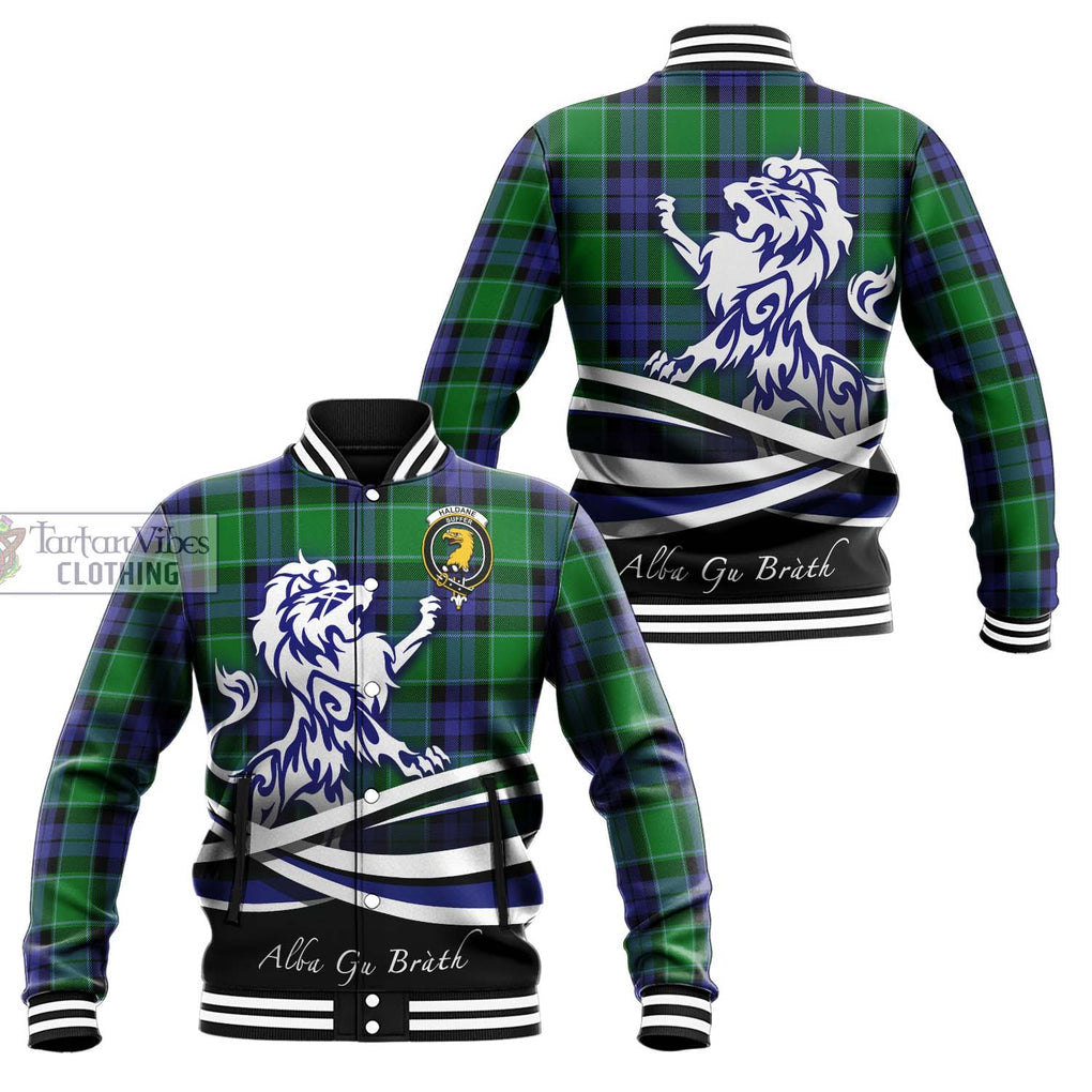 Haldane Tartan Baseball Jacket with Alba Gu Brath Regal Lion Emblem Unisex - Tartanvibesclothing Shop