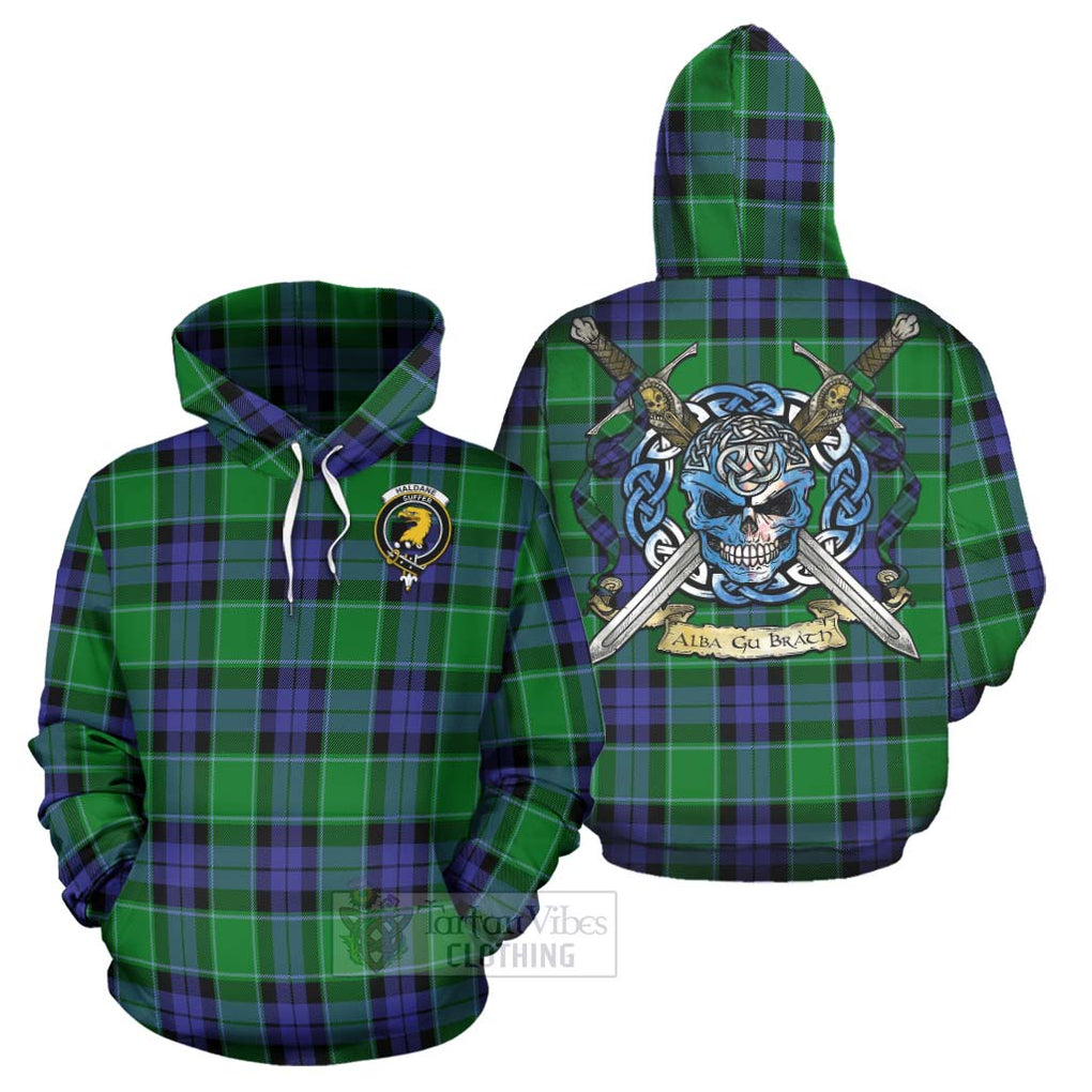 Tartan Vibes Clothing Haldane Tartan Hoodie with Family Crest Celtic Skull Style