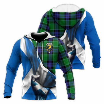 Haldane Tartan Knitted Hoodie with Family Crest Scotland Patriotic Style