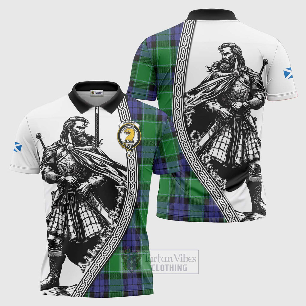 Tartan Vibes Clothing Haldane Tartan Clan Crest Zipper Polo Shirt with Highlander Warrior Celtic Style