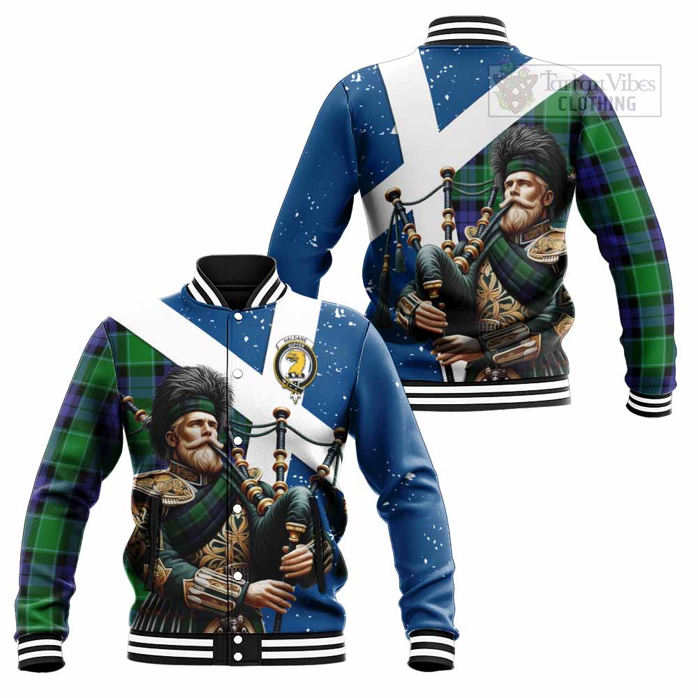 Tartan Vibes Clothing Haldane Tartan Baseball Jacket with Family Crest Scottish Bagpiper Vibes