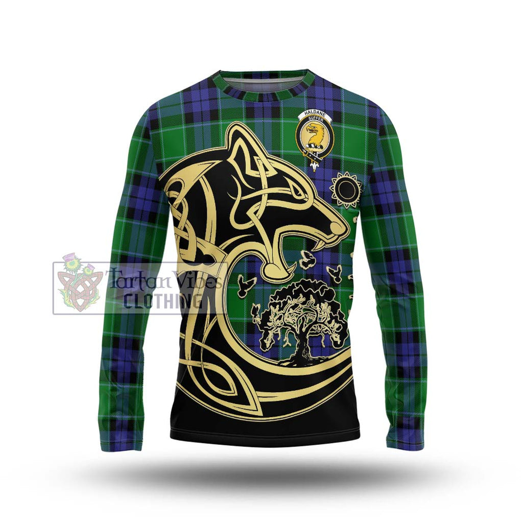 Haldane Tartan Long Sleeve T-Shirt with Family Crest Celtic Wolf Style Unisex - Tartan Vibes Clothing