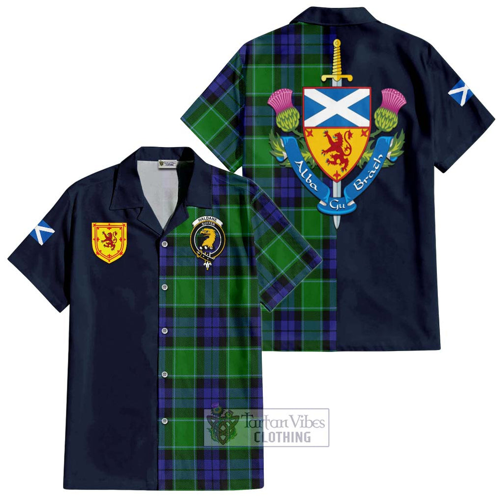 Tartan Vibes Clothing Haldane Tartan Short Sleeve Button Shirt with Scottish Lion Royal Arm Half Style