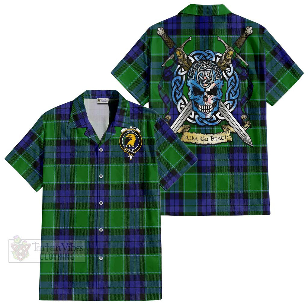 Tartan Vibes Clothing Haldane Tartan Short Sleeve Button Shirt with Family Crest Celtic Skull Style