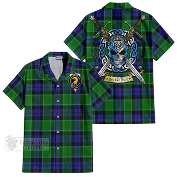 Haldane Tartan Short Sleeve Button Shirt with Family Crest Celtic Skull Style