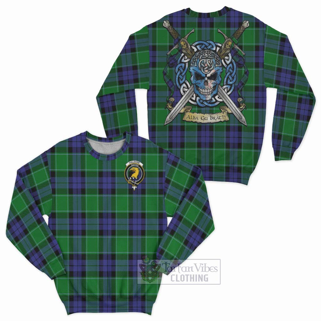 Tartan Vibes Clothing Haldane Tartan Sweatshirt with Family Crest Celtic Skull Style