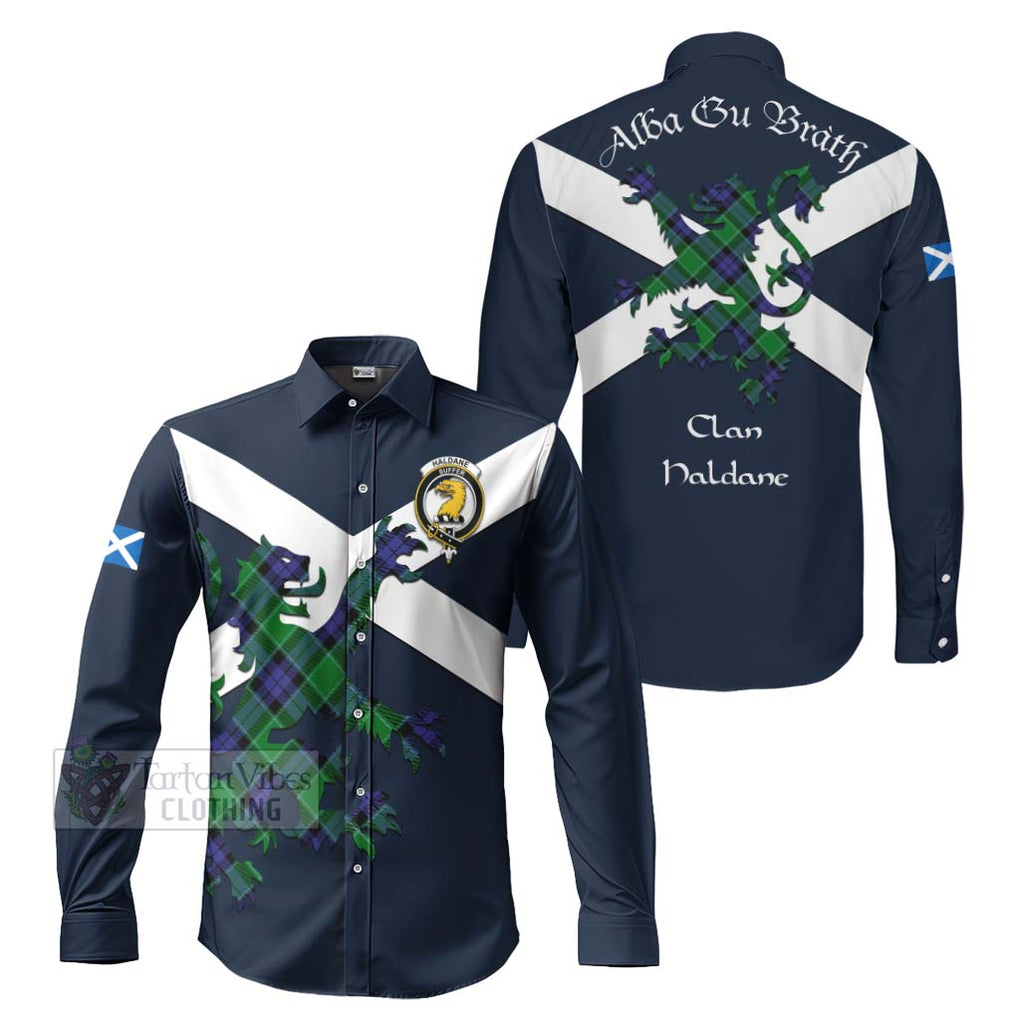 Tartan Vibes Clothing Haldane Tartan Lion Rampant Long Sleeve Button Shirt – Proudly Display Your Heritage with Alba Gu Brath and Clan Name