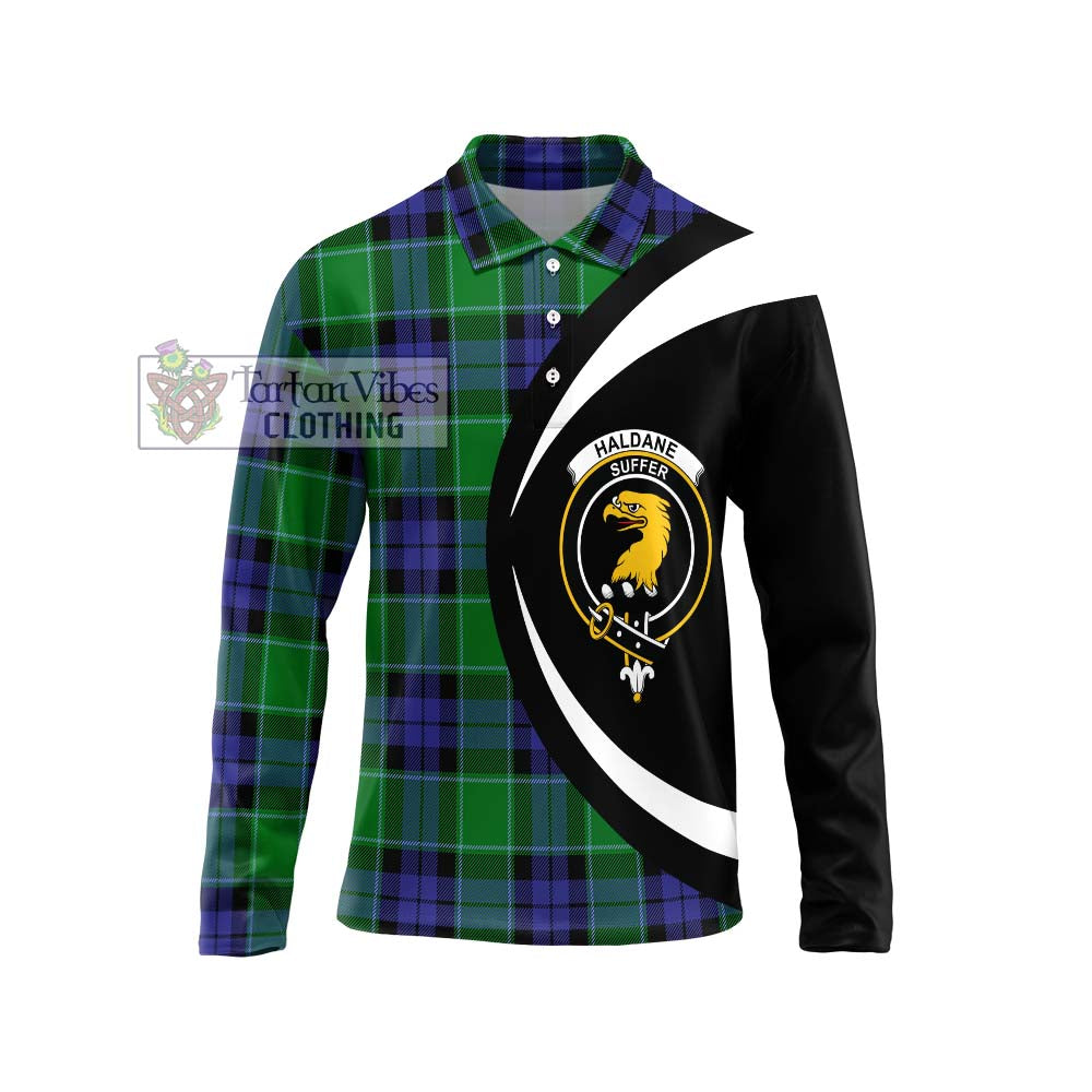 Haldane Tartan Long Sleeve Polo Shirt with Family Crest Circle Style Unisex - Tartan Vibes Clothing