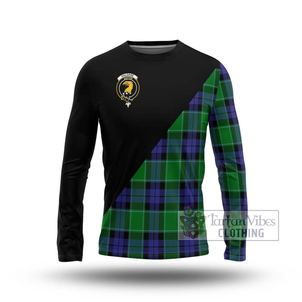 Haldane Tartan Long Sleeve T-Shirt with Family Crest and Military Logo Style Unisex - Tartanvibesclothing Shop