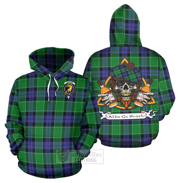 Haldane Tartan Hoodie with Family Crest and Bearded Skull Holding Bottles of Whiskey