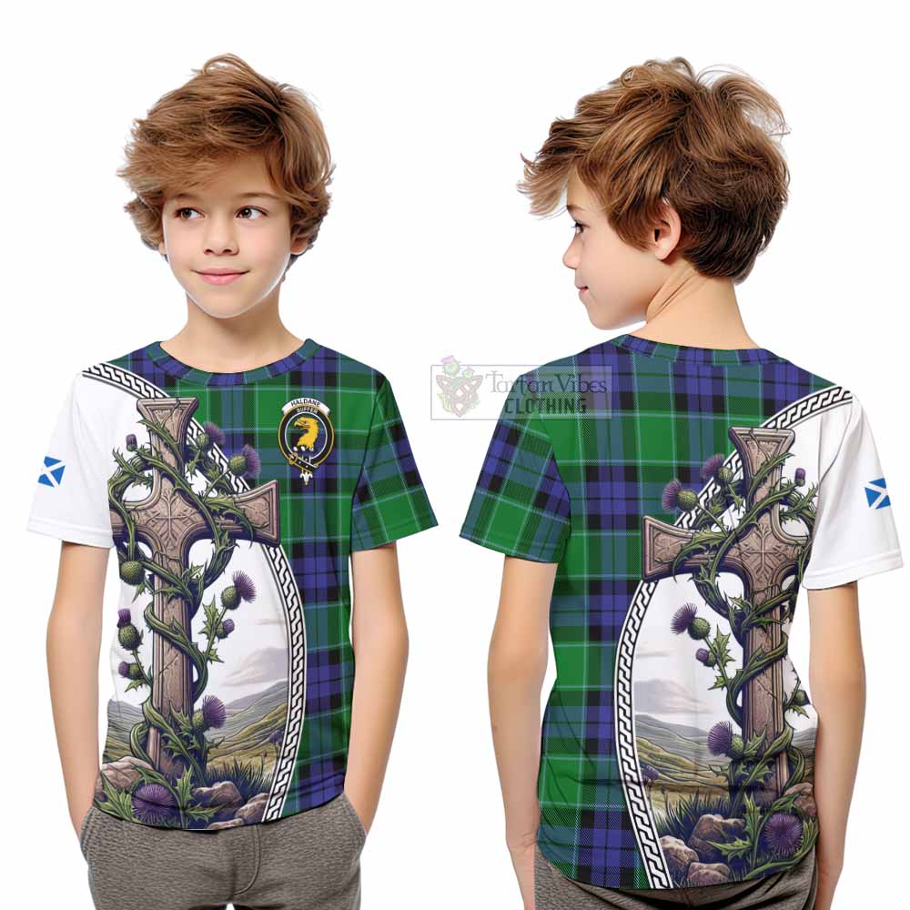 Tartan Vibes Clothing Haldane Tartan Kid T-Shirt with Family Crest and St. Andrew's Cross Accented by Thistle Vines