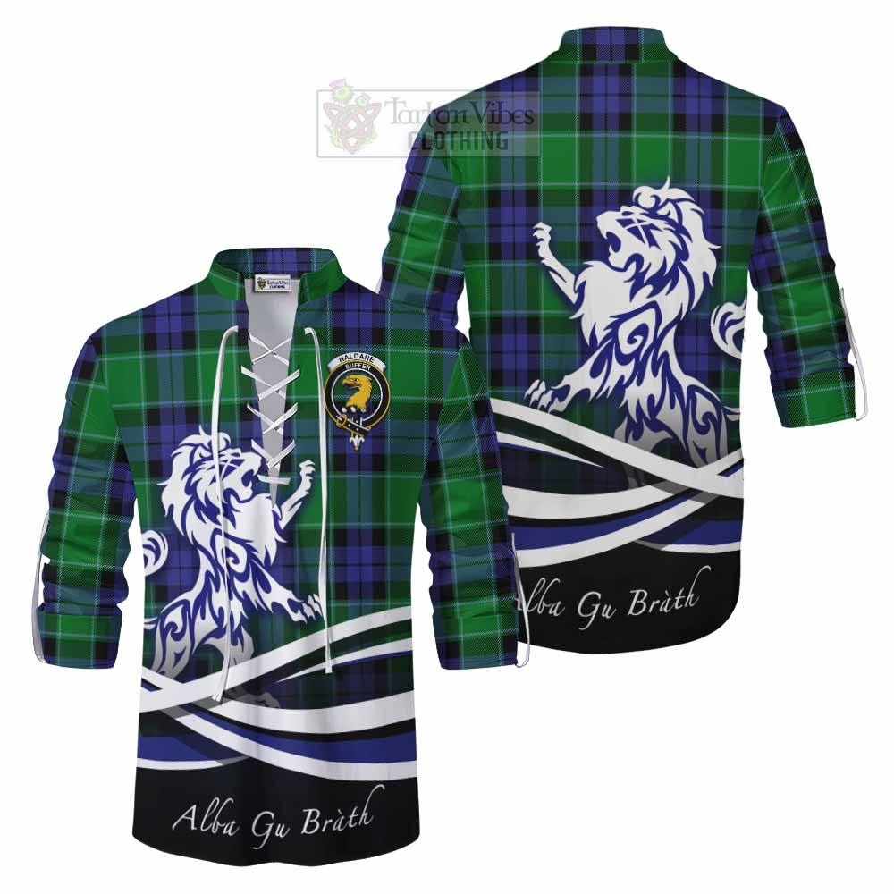 Tartan Vibes Clothing Haldane Tartan Ghillie Kilt Shirt with Alba Gu Brath Regal Lion Emblem