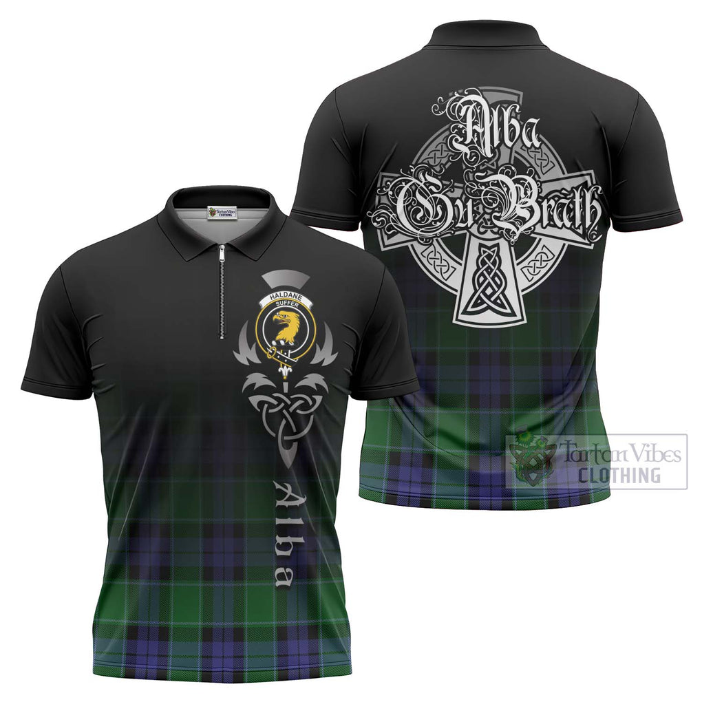 Tartan Vibes Clothing Haldane Tartan Zipper Polo Shirt Featuring Alba Gu Brath Family Crest Celtic Inspired