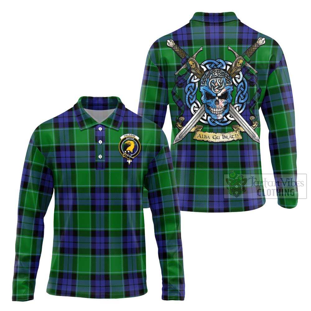 Tartan Vibes Clothing Haldane Tartan Long Sleeve Polo Shirt with Family Crest Celtic Skull Style