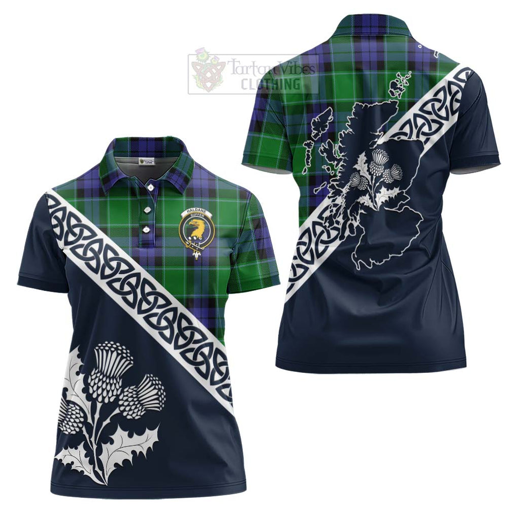 Tartan Vibes Clothing Haldane Tartan Women's Polo Shirt Featuring Thistle and Scotland Map