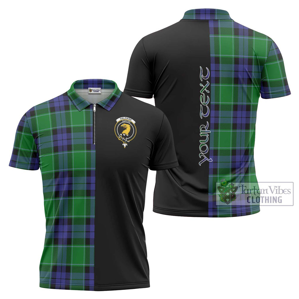 Haldane Tartan Zipper Polo Shirt with Family Crest and Half Of Me Style Unisex - Tartanvibesclothing Shop