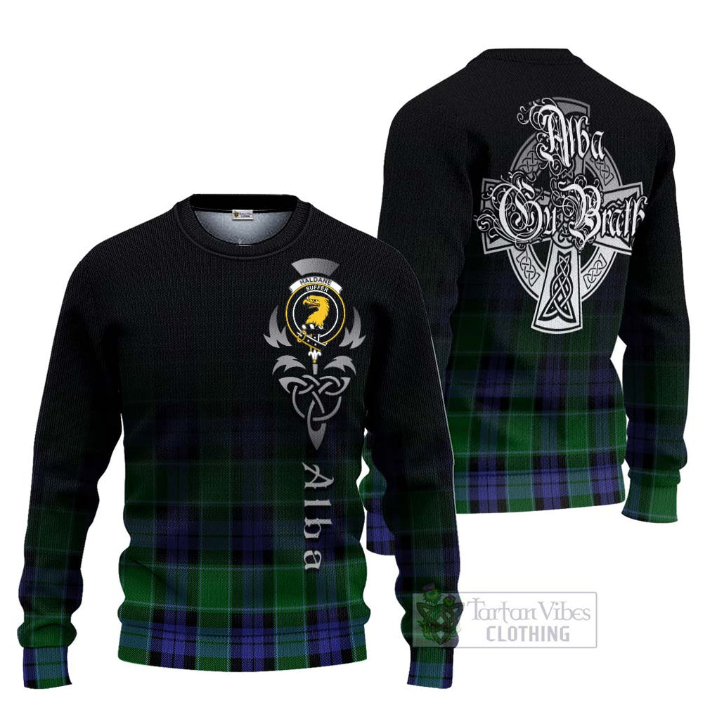 Tartan Vibes Clothing Haldane Tartan Knitted Sweater Featuring Alba Gu Brath Family Crest Celtic Inspired