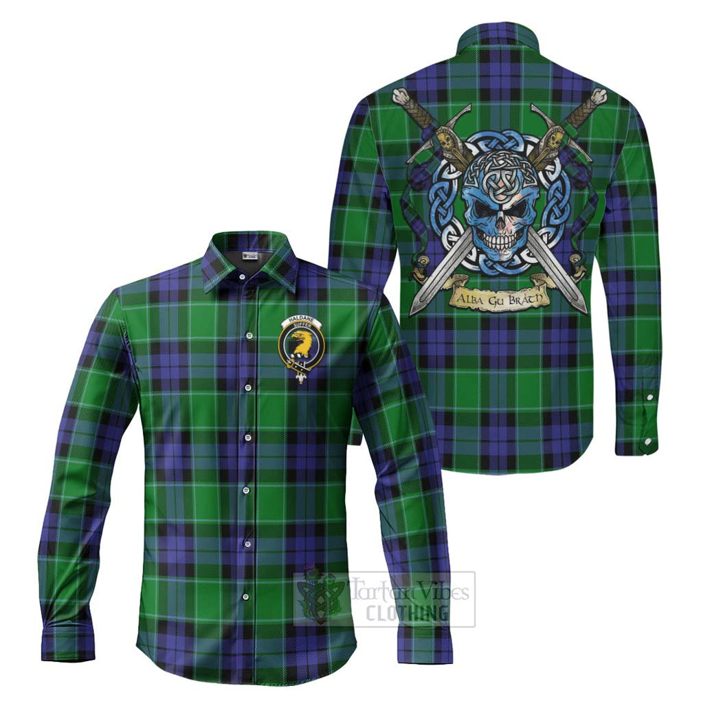 Tartan Vibes Clothing Haldane Tartan Long Sleeve Button Shirt with Family Crest Celtic Skull Style