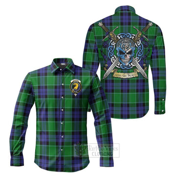 Haldane Tartan Long Sleeve Button Shirt with Family Crest Celtic Skull Style