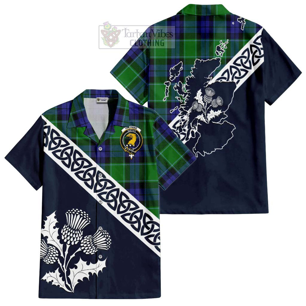 Tartan Vibes Clothing Haldane Tartan Short Sleeve Button Shirt Featuring Thistle and Scotland Map