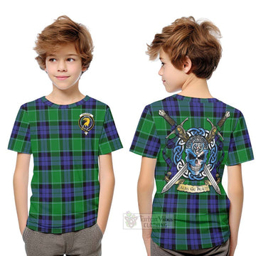 Haldane Tartan Kid T-Shirt with Family Crest Celtic Skull Style