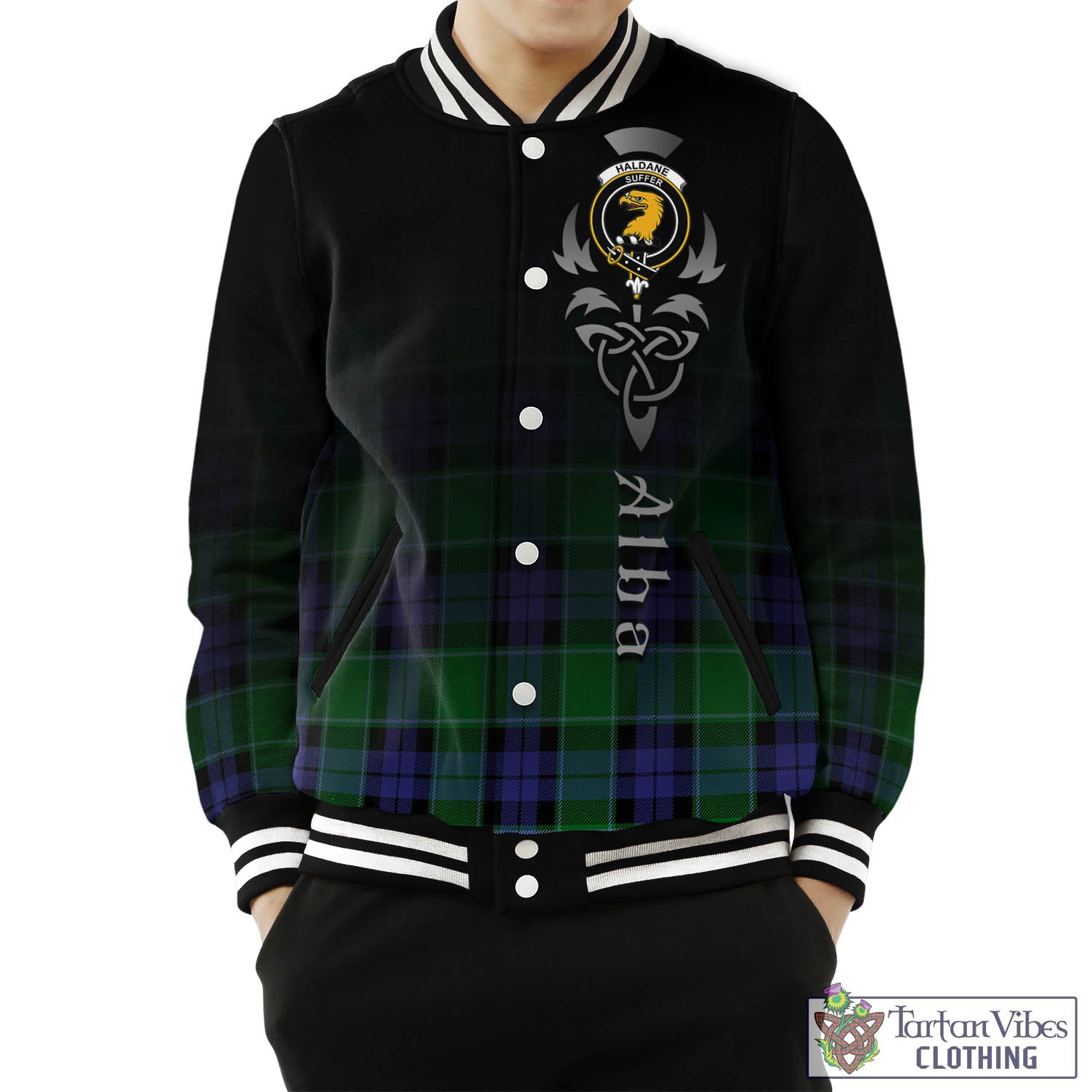 Tartan Vibes Clothing Haldane Tartan Baseball Jacket Featuring Alba Gu Brath Family Crest Celtic Inspired