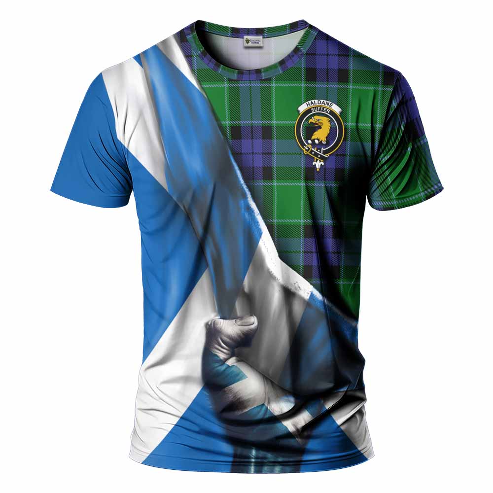 Tartan Vibes Clothing Haldane Tartan T-Shirt with Family Crest Scotland Patriotic Style