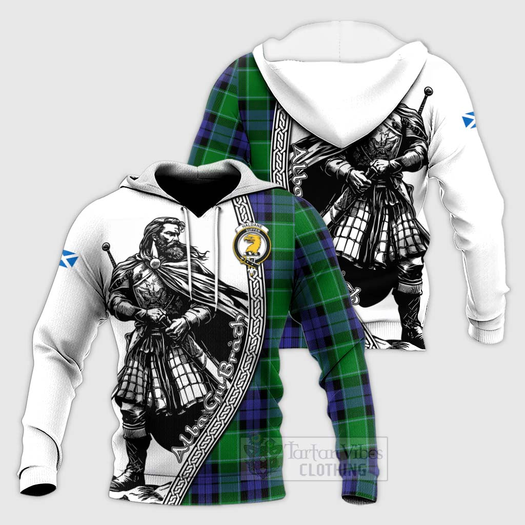 Tartan Vibes Clothing Haldane Tartan Clan Crest Knitted Hoodie with Highlander Warrior Celtic Style