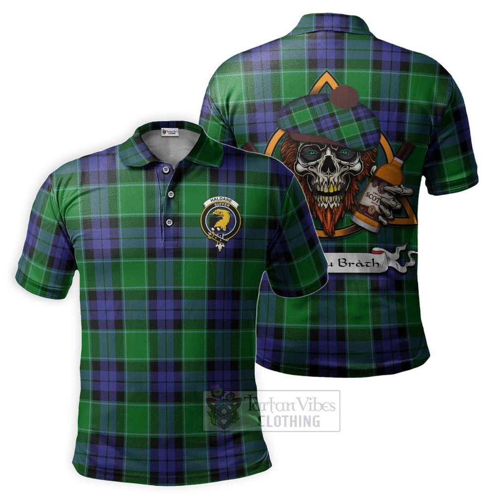 Tartan Vibes Clothing Haldane Tartan Polo Shirt with Family Crest and Bearded Skull Holding Bottles of Whiskey