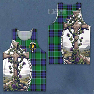 Haldane Tartan Men's Tank Top with Family Crest and St. Andrew's Cross Accented by Thistle Vines