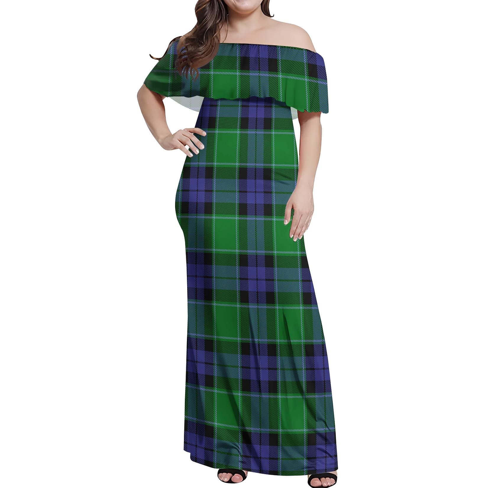 Haldane Tartan Off Shoulder Long Dress Women's Dress - Tartanvibesclothing