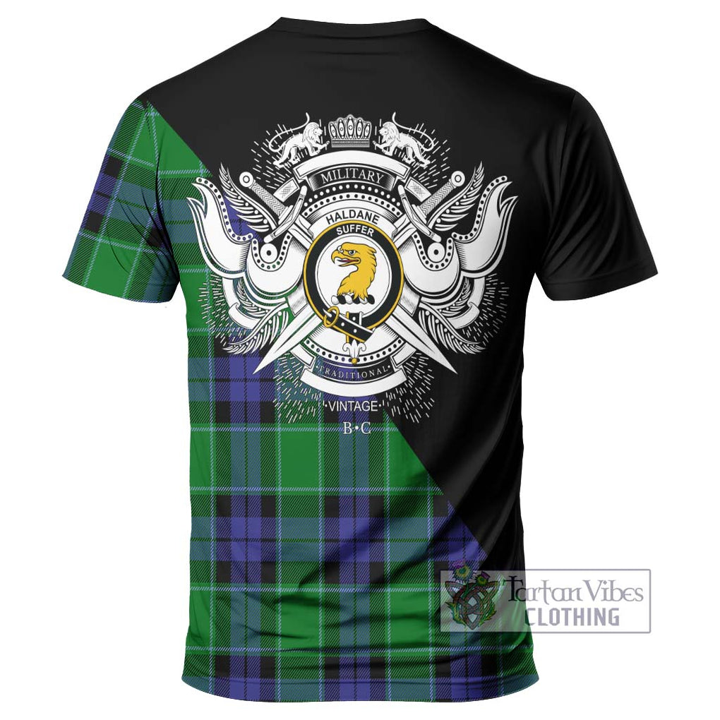 Haldane Tartan T-Shirt with Family Crest and Military Logo Style - Tartanvibesclothing Shop