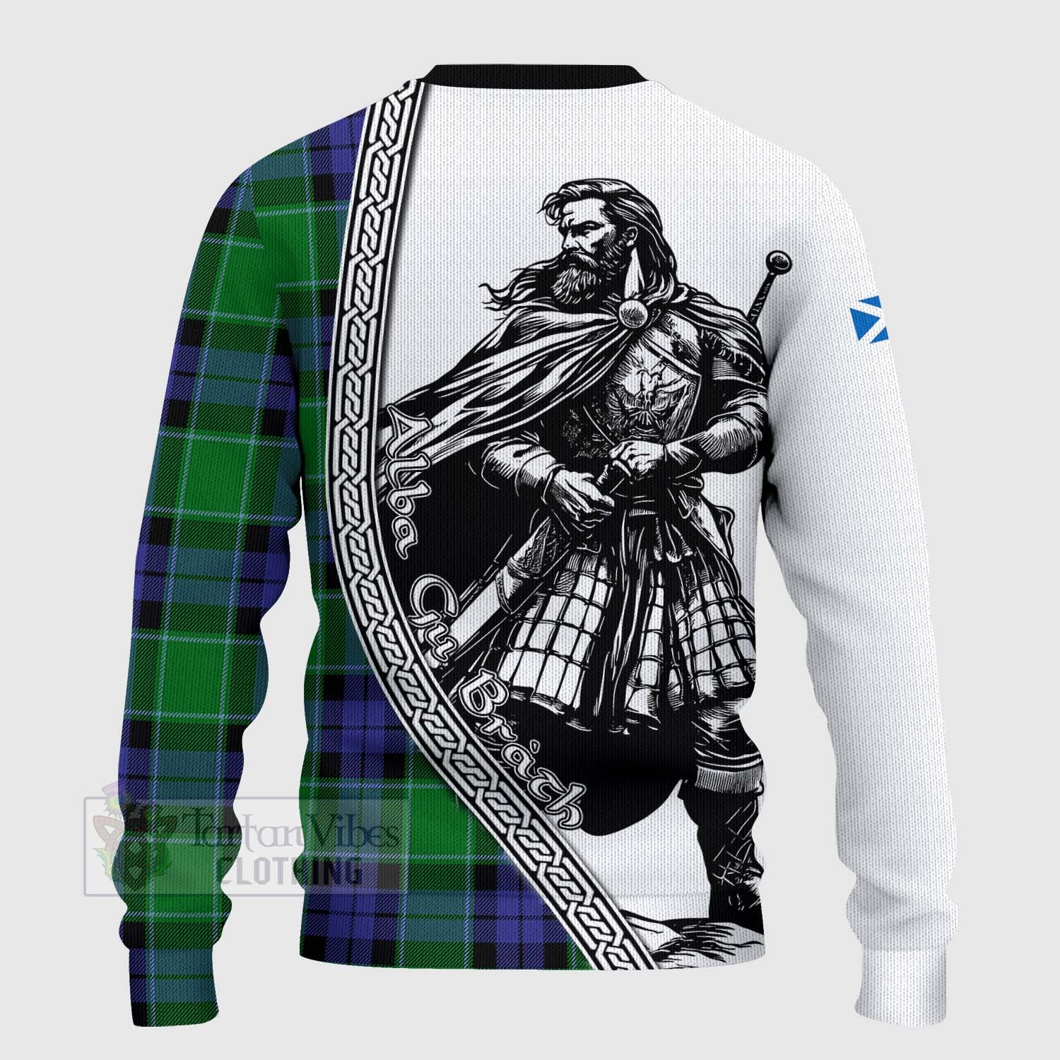 Tartan Vibes Clothing Haldane Tartan Clan Crest Knitted Sweater with Highlander Warrior Celtic Style