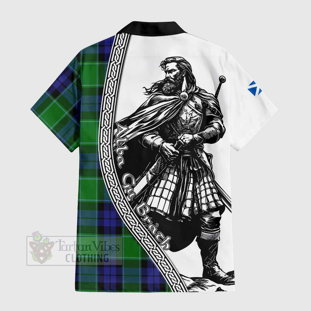 Tartan Vibes Clothing Haldane Tartan Clan Crest Short Sleeve Button Shirt with Highlander Warrior Celtic Style