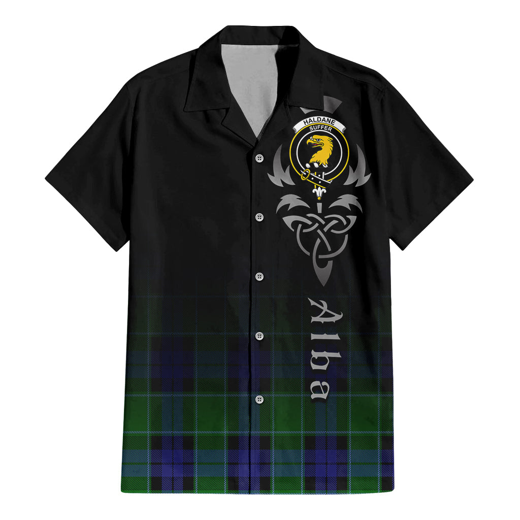 Tartan Vibes Clothing Haldane Tartan Short Sleeve Button Up Featuring Alba Gu Brath Family Crest Celtic Inspired