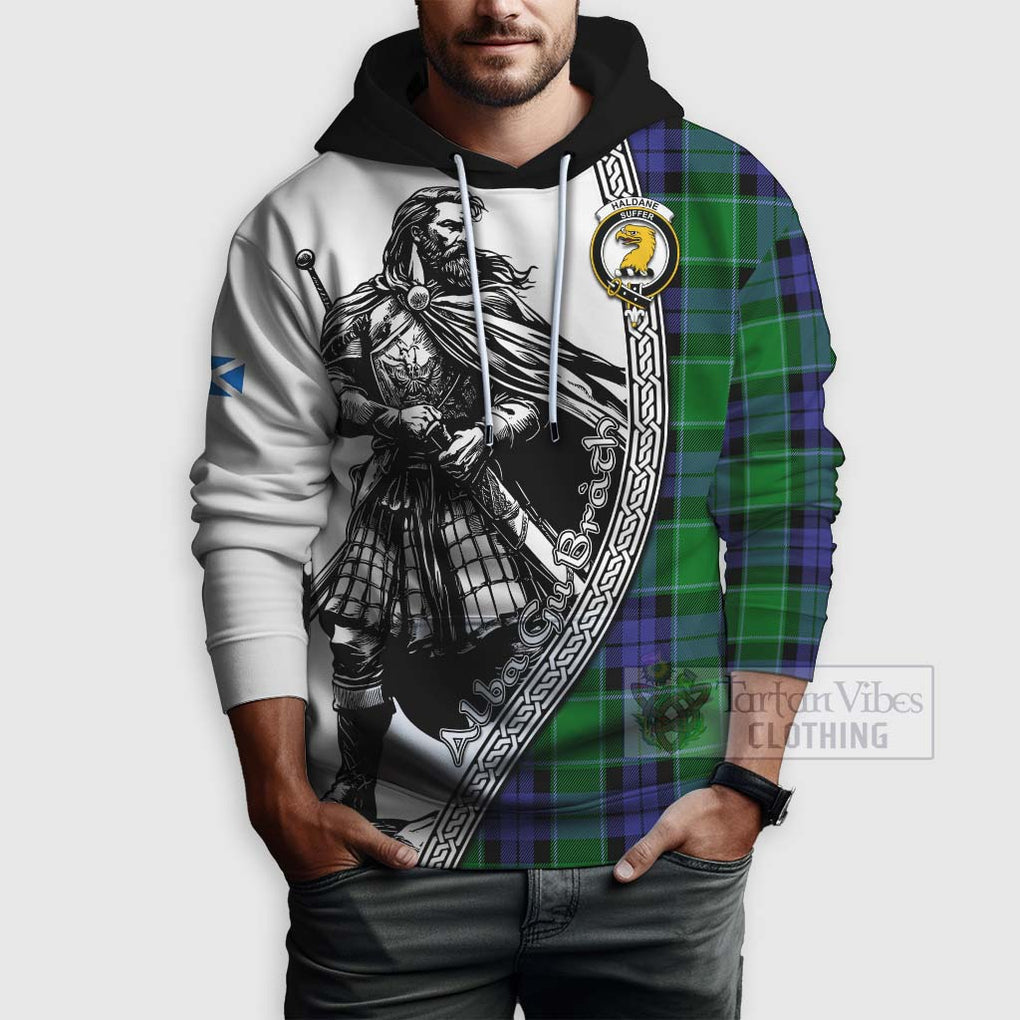 Tartan Vibes Clothing Haldane Tartan Clan Crest Hoodie with Highlander Warrior Celtic Style