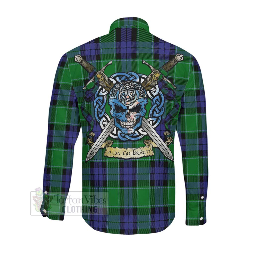 Tartan Vibes Clothing Haldane Tartan Long Sleeve Button Shirt with Family Crest Celtic Skull Style