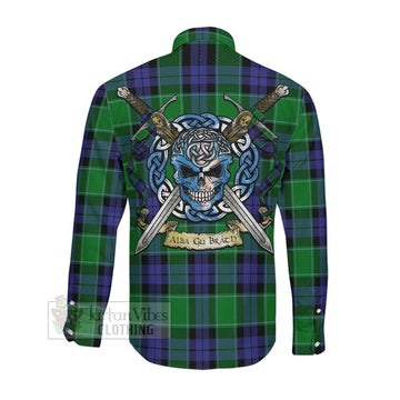 Haldane Tartan Long Sleeve Button Shirt with Family Crest Celtic Skull Style