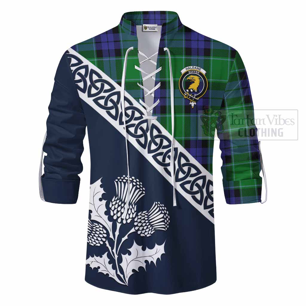 Tartan Vibes Clothing Haldane Tartan Ghillie Kilt Shirt Featuring Thistle and Scotland Map