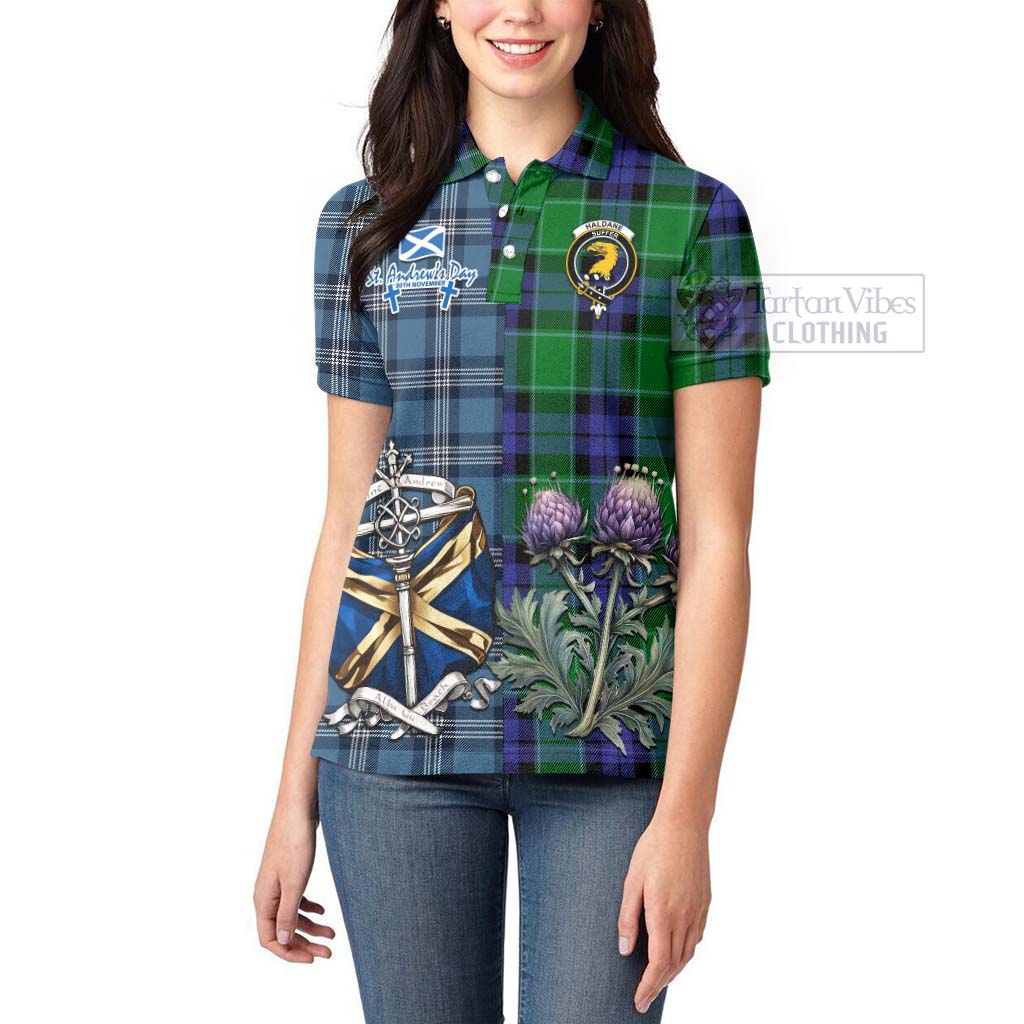 Tartan Vibes Clothing Haldane Tartan Women's Polo Shirt Happy St. Andrew's Day Half Tartan Style