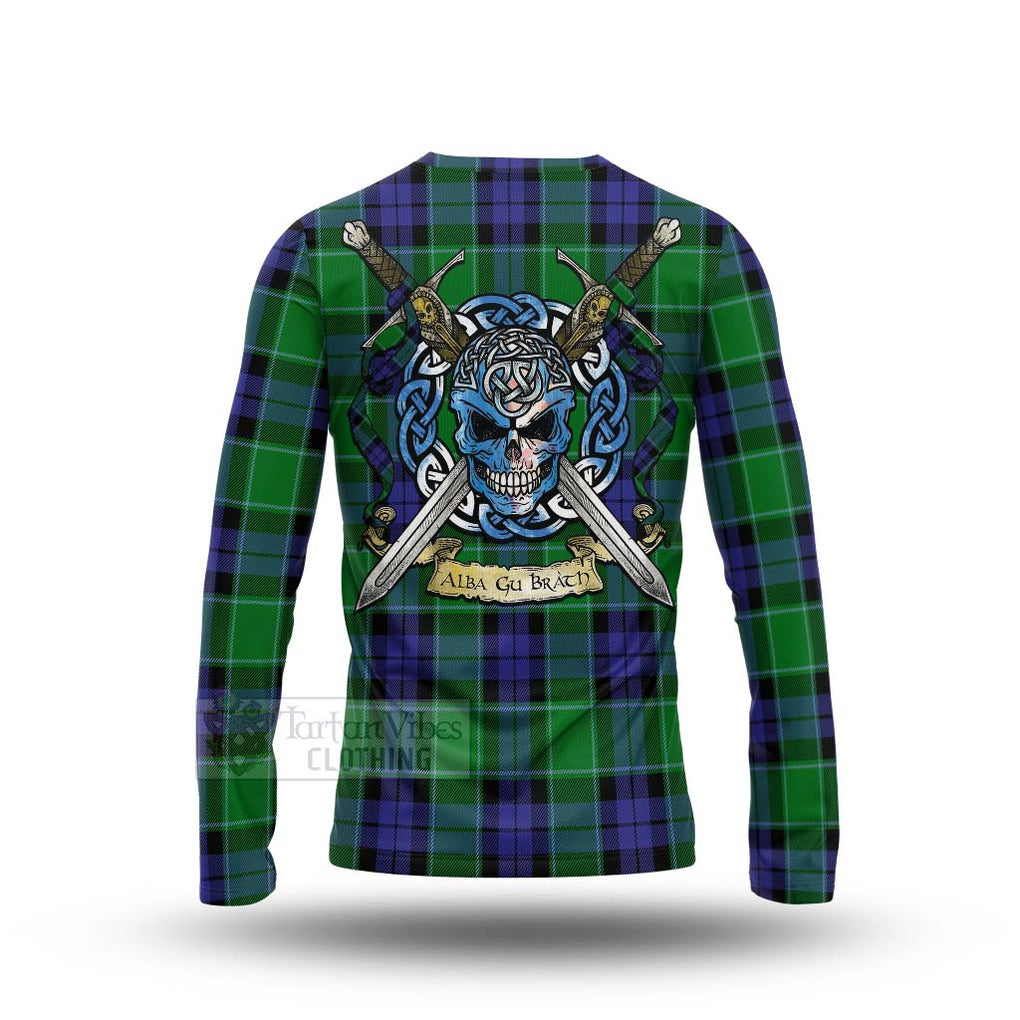 Tartan Vibes Clothing Haldane Tartan Long Sleeve T-Shirt with Family Crest Celtic Skull Style