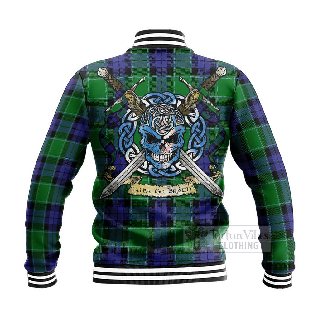 Tartan Vibes Clothing Haldane Tartan Baseball Jacket with Family Crest Celtic Skull Style