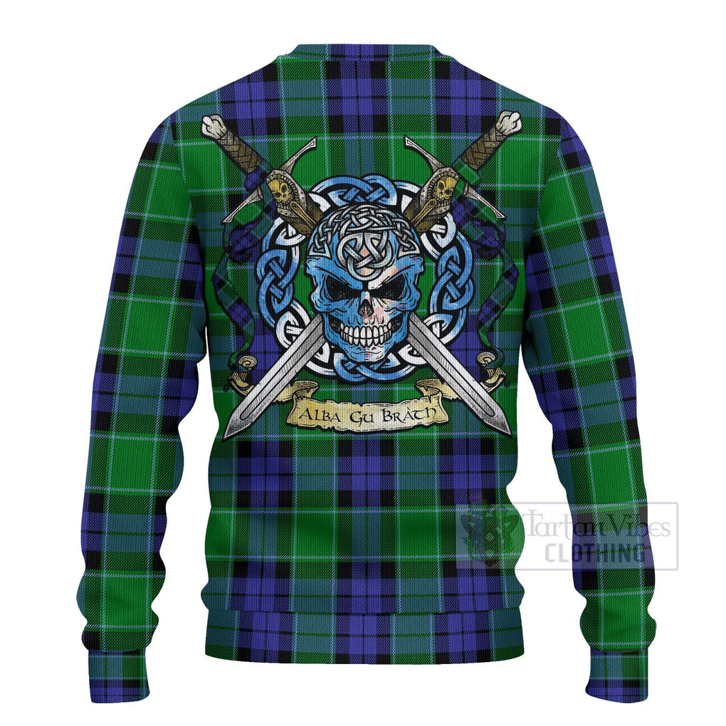 Tartan Vibes Clothing Haldane Tartan Knitted Sweater with Family Crest Celtic Skull Style