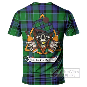 Haldane Tartan T-Shirt with Family Crest and Bearded Skull Holding Bottles of Whiskey