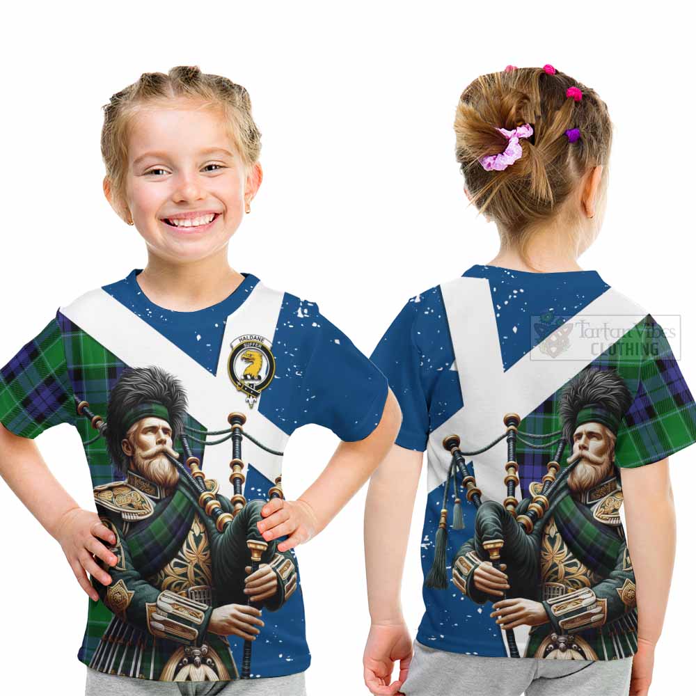 Tartan Vibes Clothing Haldane Tartan Kid T-Shirt with Family Crest Scottish Bagpiper Vibes