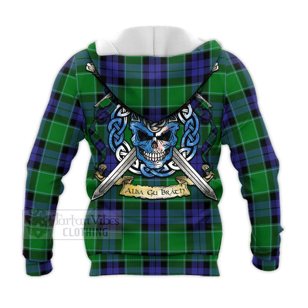 Tartan Vibes Clothing Haldane Tartan Knitted Hoodie with Family Crest Celtic Skull Style