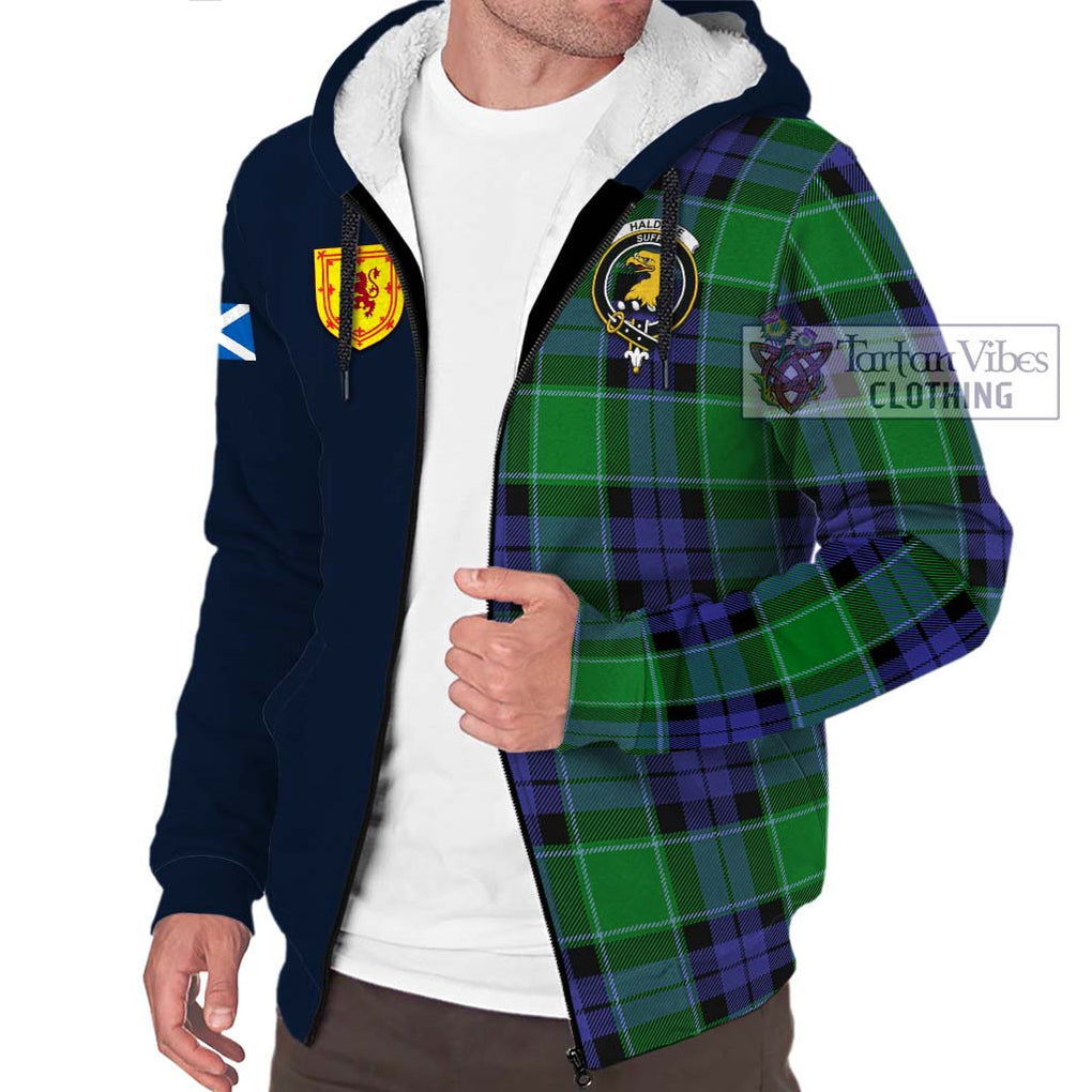 Tartan Vibes Clothing Haldane Tartan Sherpa Hoodie with Scottish Lion Royal Arm Half Style